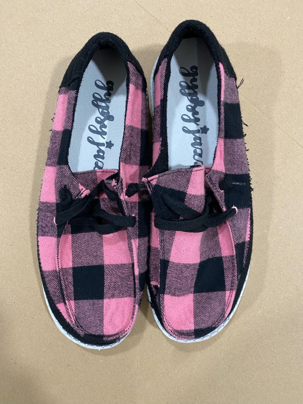 Gypsy Jazz Pink and Black Plaid Slip On Shoes Size 10